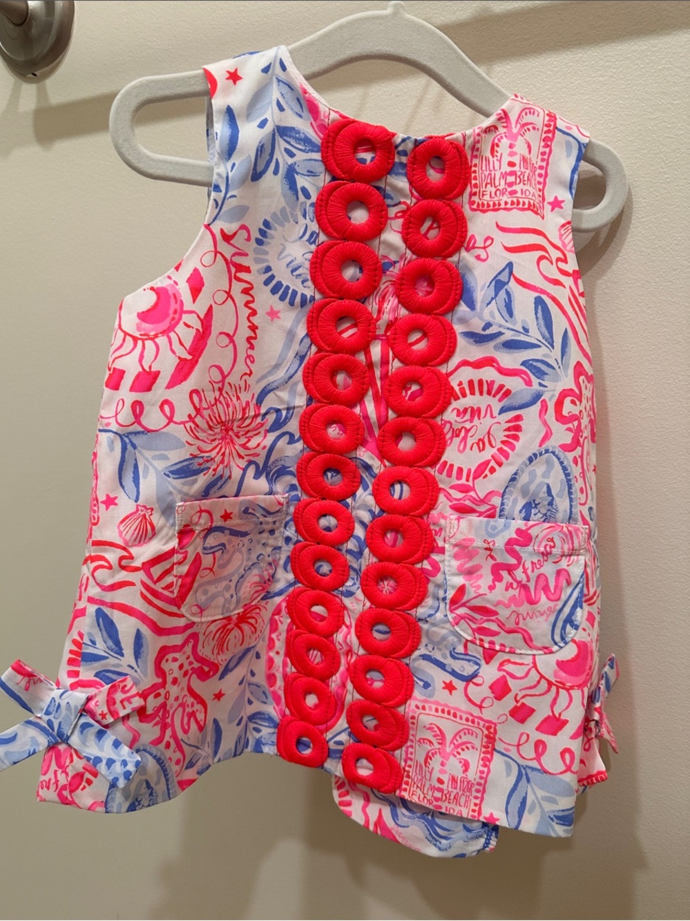 Lilly Pulitzer Girls' Pink, Blue & White Printed Dress with Red Trim